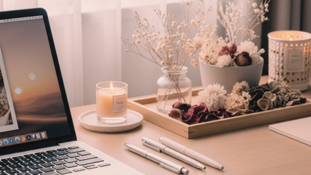 パソコンと、ドライフラワーと、キャンドル