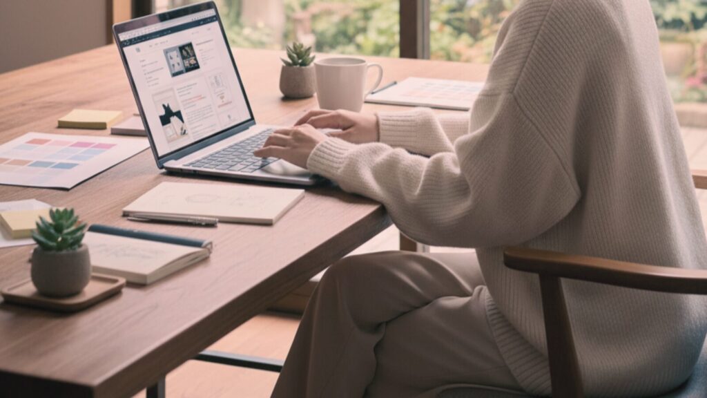 ノートパソコンでホームページ制作をする女性の画像